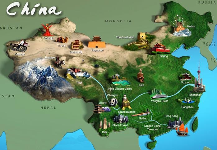 mapa da China atrações turísticas