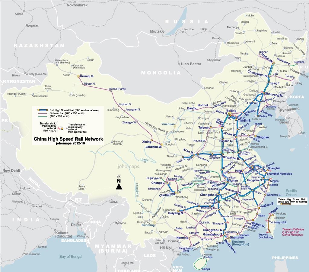 transporte ferroviário de alta velocidade na China mapa