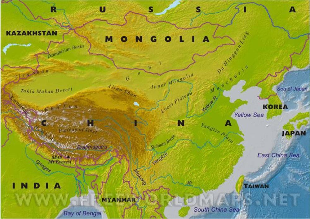 mapa da China com características geográficas