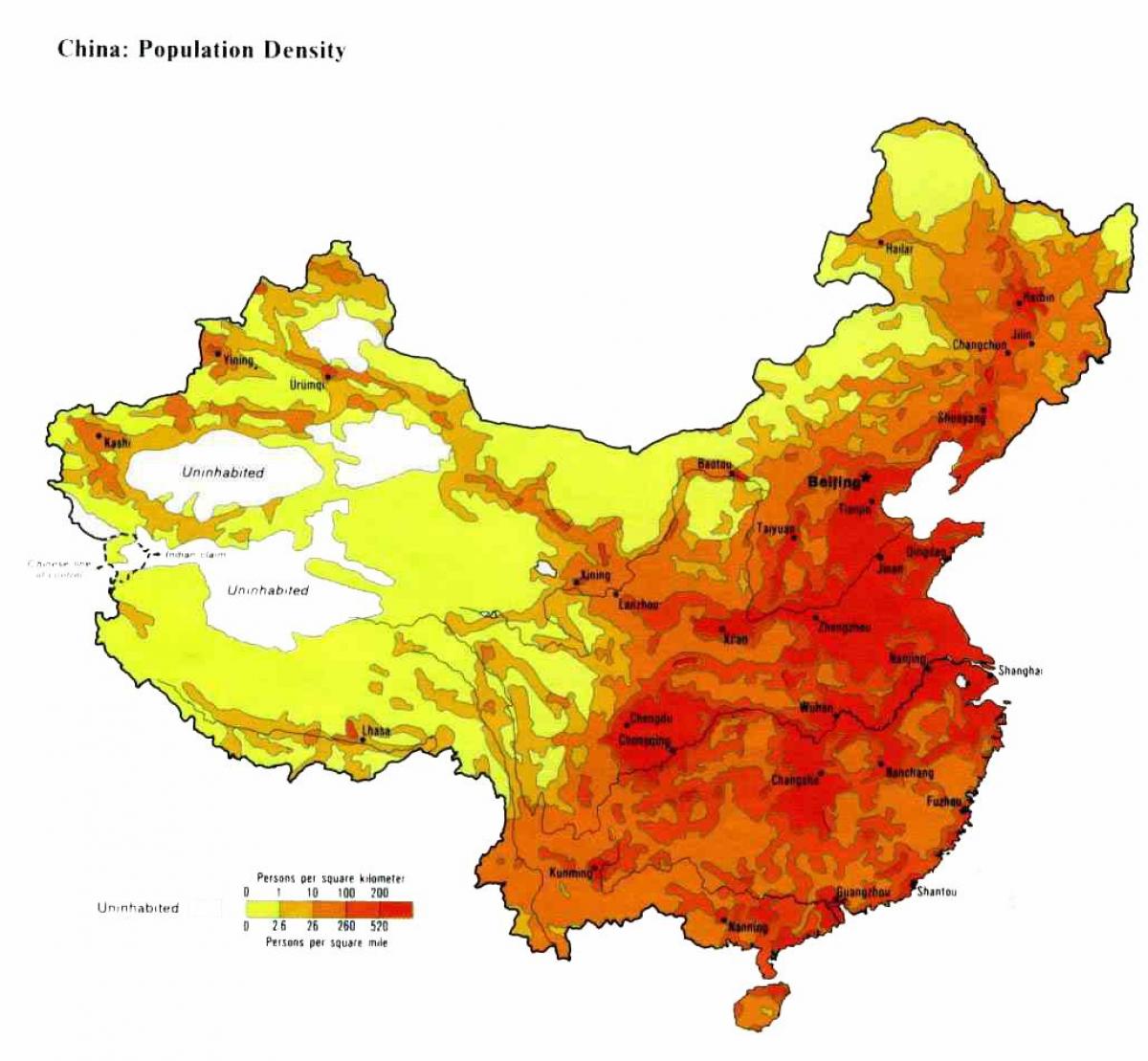 densidade populacional mapa da China