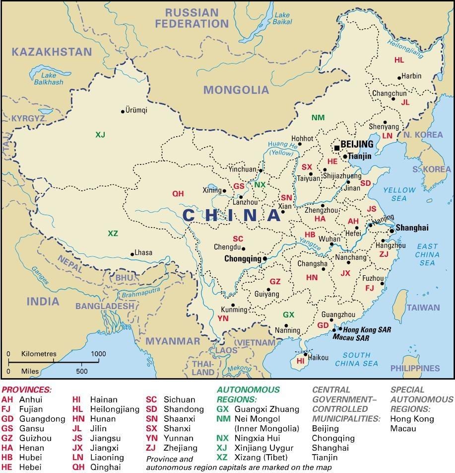 mapa das províncias chinesas e capitais