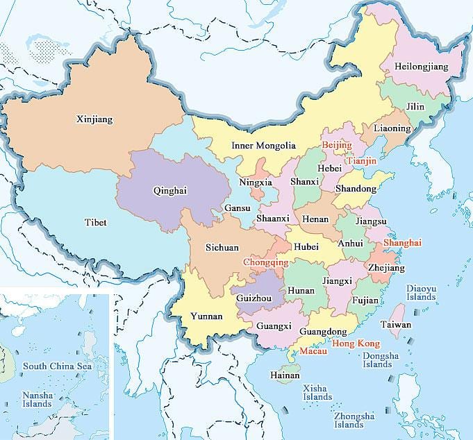 China mapa de cidades e províncias