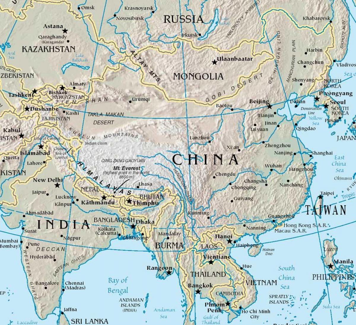 mapa da China, com montanhas