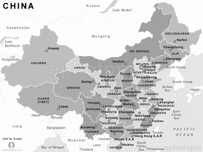 mapa da China em preto e branco